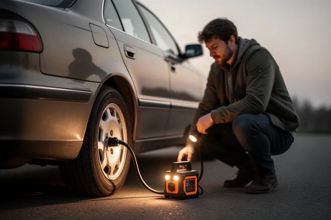 Automobiliste vérifiant la pression des pneus à côté d'une voiture garée sous une lumière douce du soir