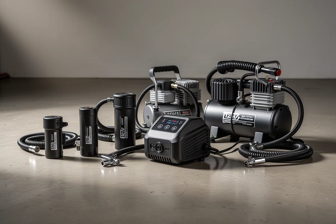 Row of portable tire inflators on a concrete garage floor