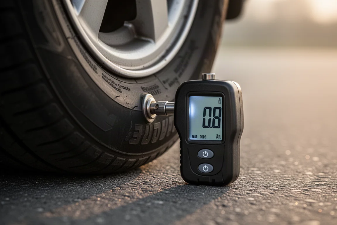 Digital tire pressure gauge reading pressure on a car tire valve stem