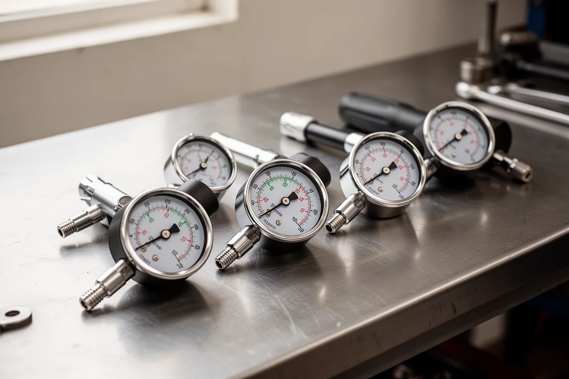 Row of analog dial tire pressure gauges laid out on a workbench