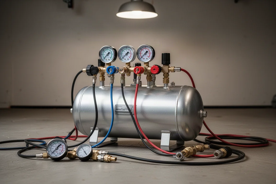 Gauges being tested on a compressed air tank manifold in a workshop