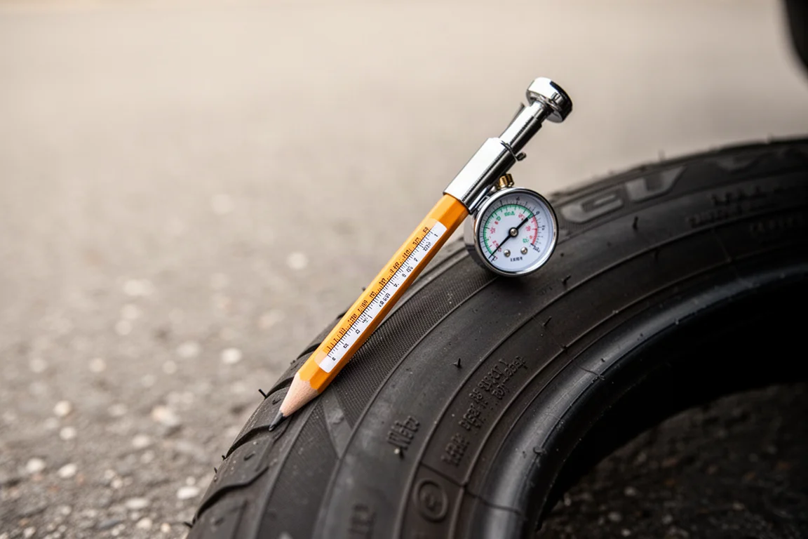 Pencil-style tire pressure gauge resting on a car tire sidewall