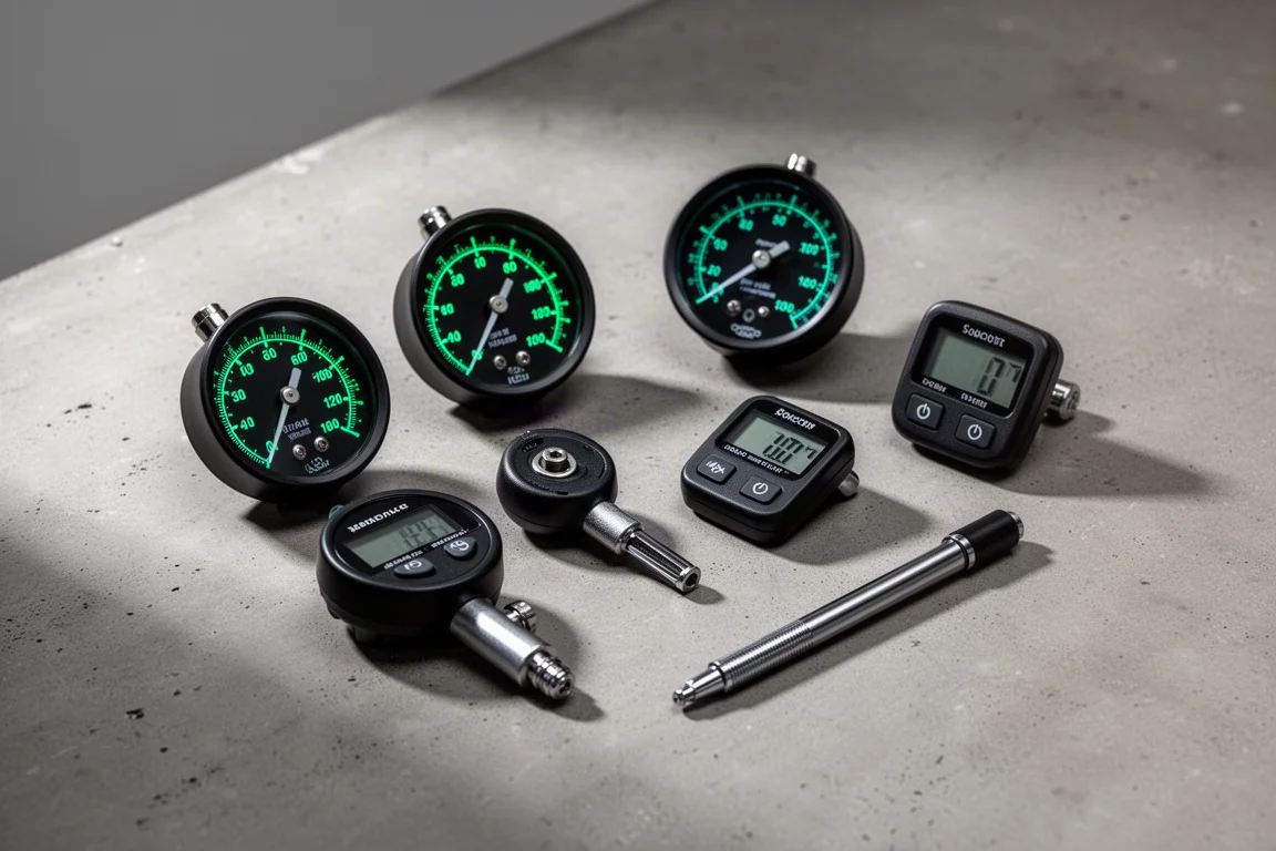 Assorted analog, digital, and pencil tire pressure gauges on a concrete surface