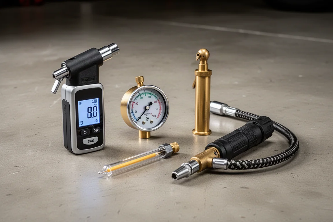 Assortment of tire pressure gauges including digital, dial, and brass pencil styles on concrete