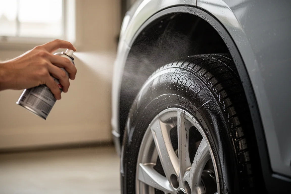 Däckglans sprayas på en ren däcksida i en garage