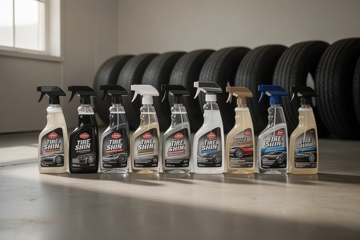 Row of tire shine spray bottles on a garage floor beside car tires