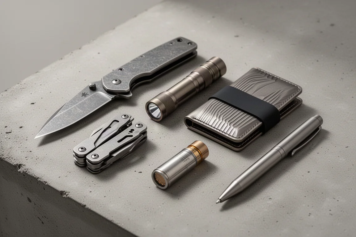 Collection of titanium everyday carry items including knives, tools, flashlight, wallet, lighter and pen on concrete