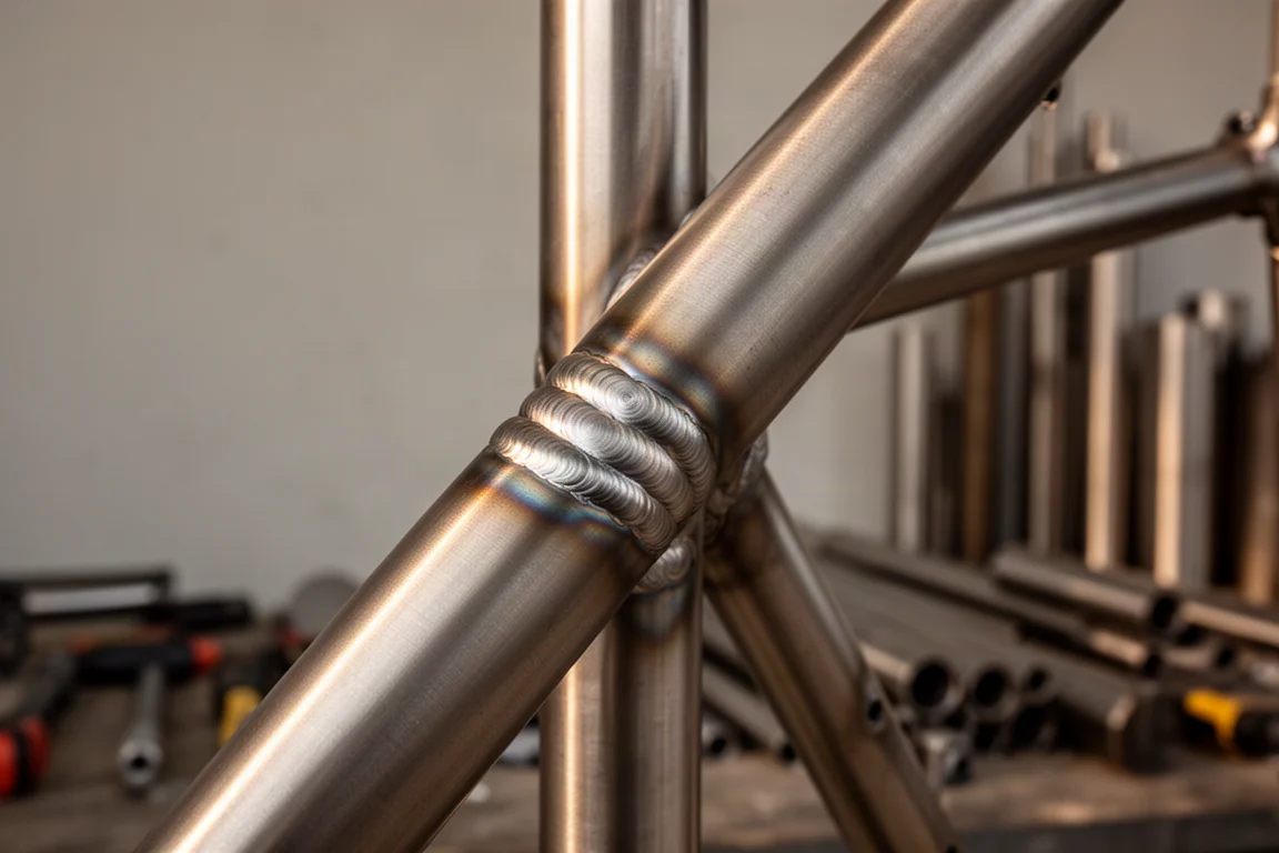 Gros plan sur une jonction de tubes en titane soudée sur un cadre de VTT