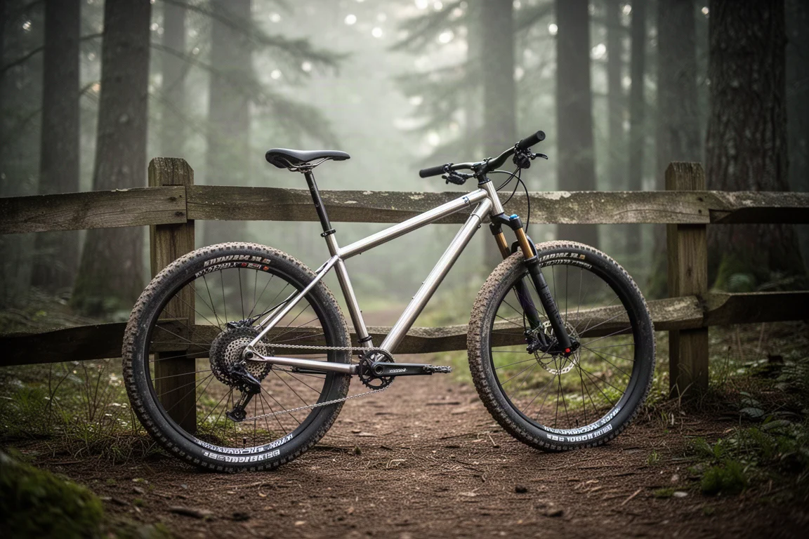 VTT semi-rigide roulant le long d'une crête rocheuse au crépuscule