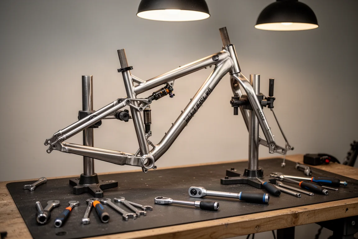 Établi d'atelier de vélo avec tubes de cadre en titane et outils à main