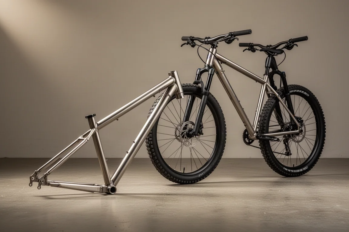 Cadres de VTT en titane brut disposés sur un sol de studio en béton