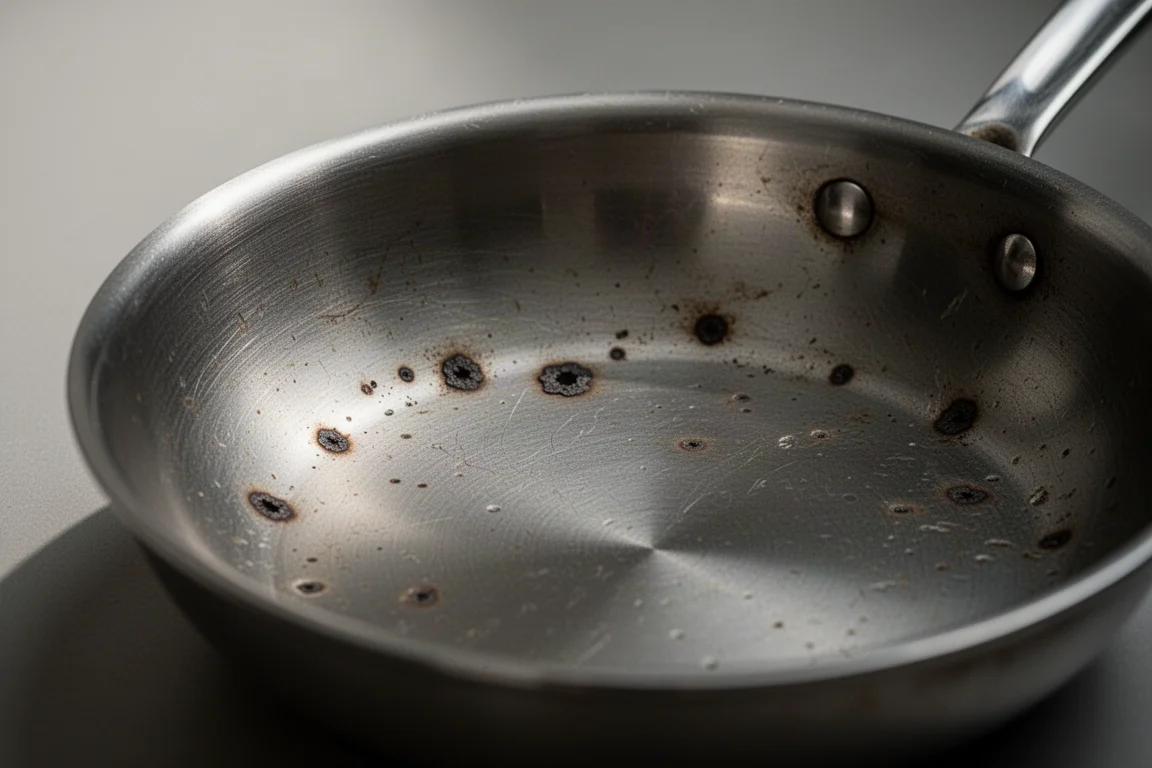 Macchie scure di pitting che si formano sull'interno di una padella in acciaio inossidabile