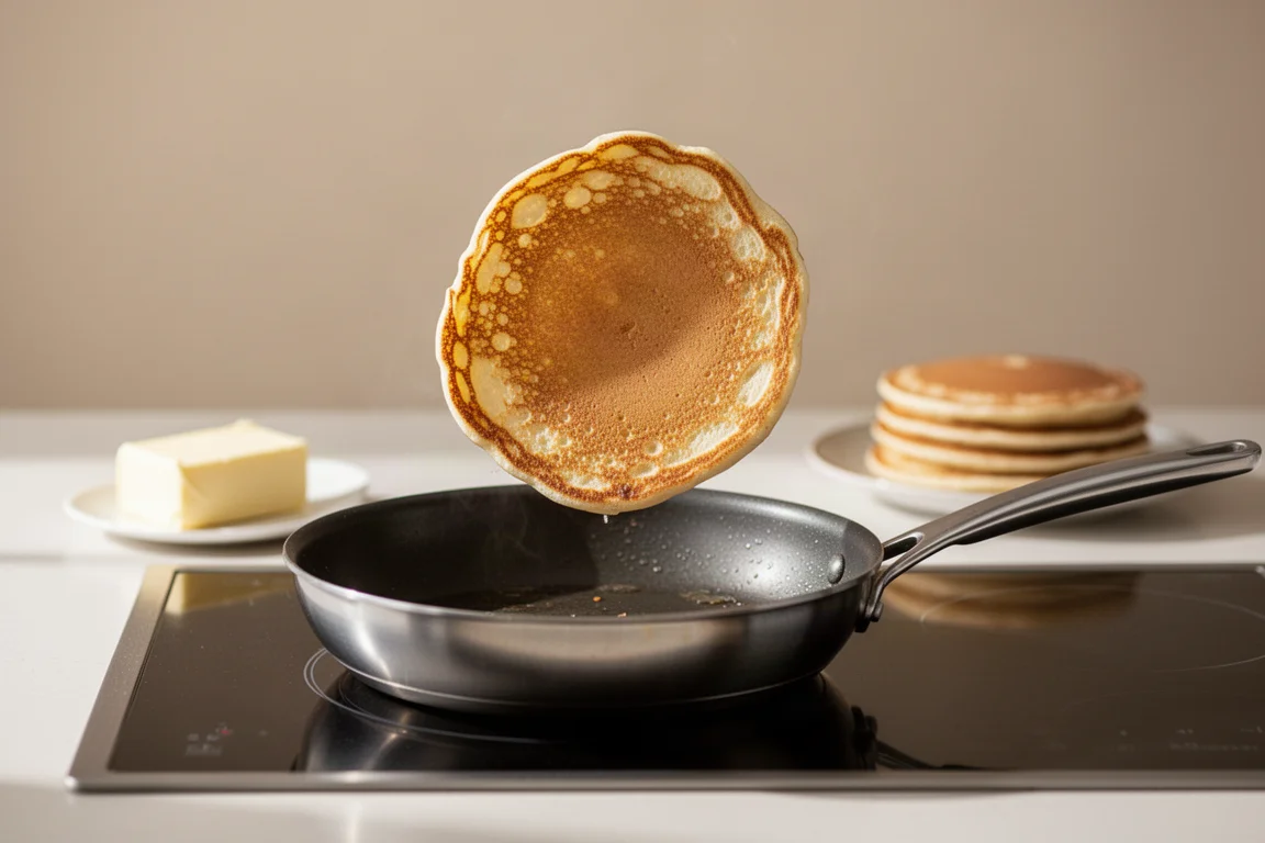Un cuoco che gira un pancake in una padella su un fornello domestico