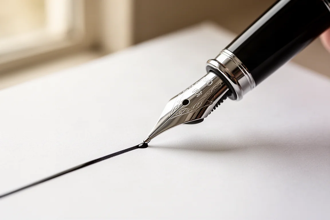 Punta de pluma estilográfica tocando el papel mientras se traza una línea de tinta