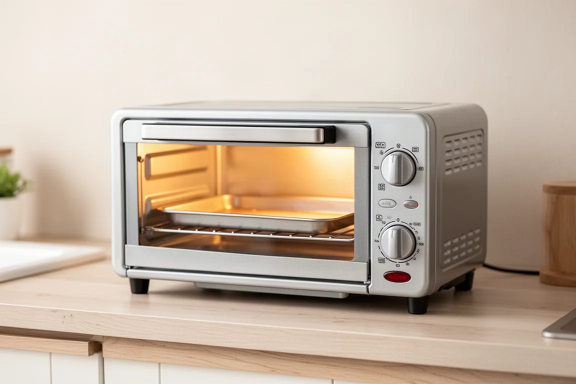 Compact toaster oven on a kitchen counter with warm interior light