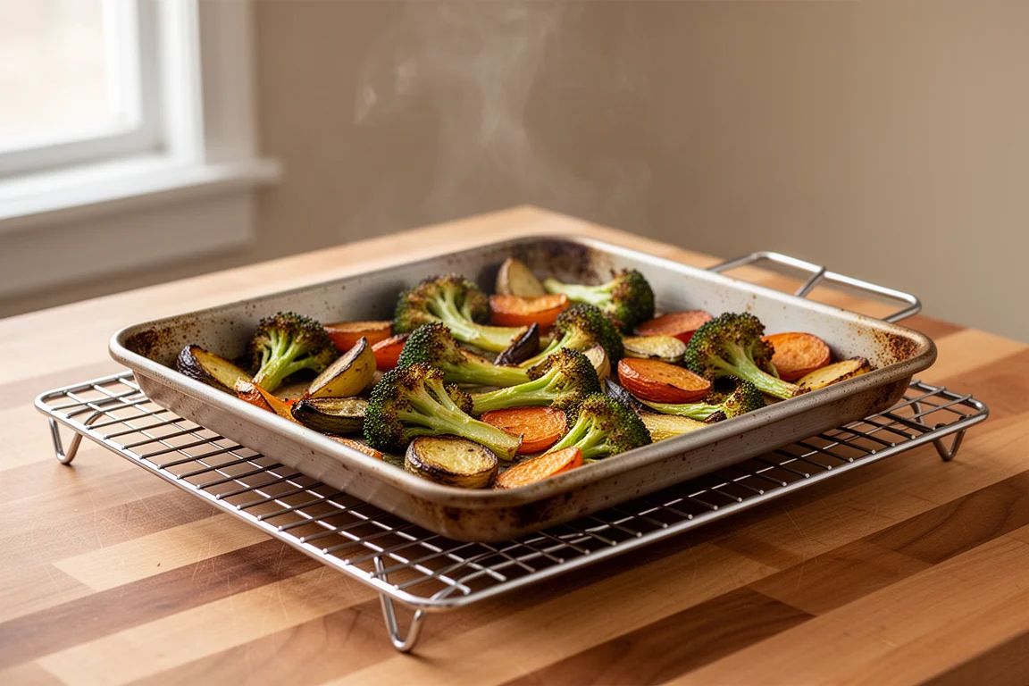Sheet pan with roasted vegetables resting on a cooling rack