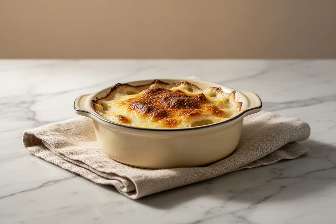 Small enameled stoneware dish with a bubbling baked gratin