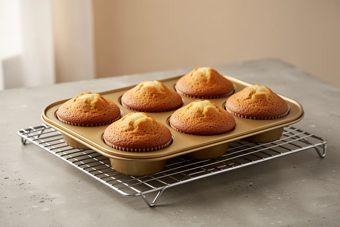 Six freshly baked cupcakes cooling in a compact muffin pan