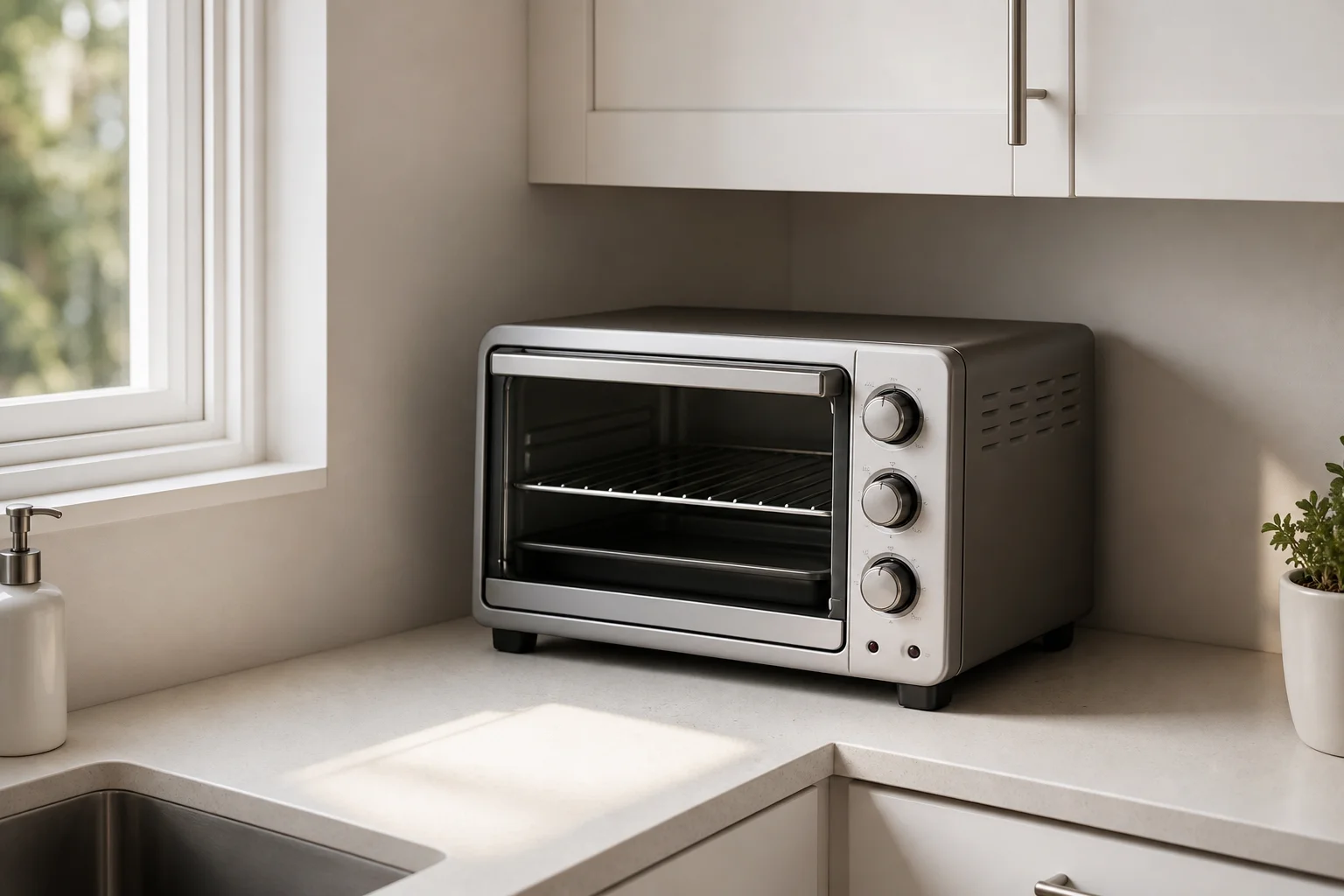 Compact toaster oven in a small kitchen corner with minimal counter space
