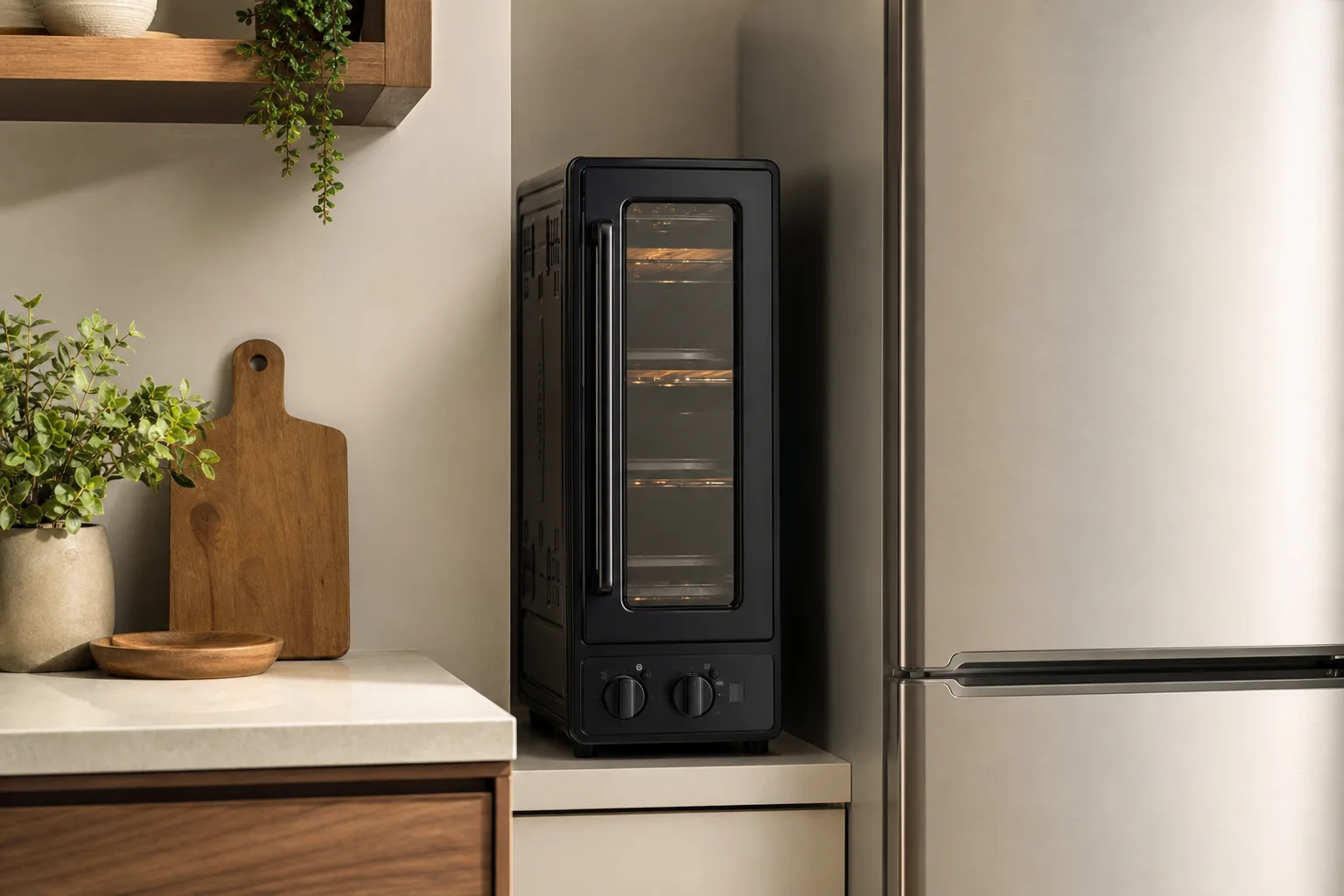 Vertical toaster oven stored next to a refrigerator showing space-saving design