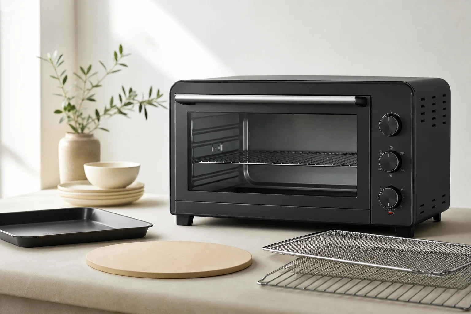 Toaster oven with pizza stone and accessories displayed on kitchen counter