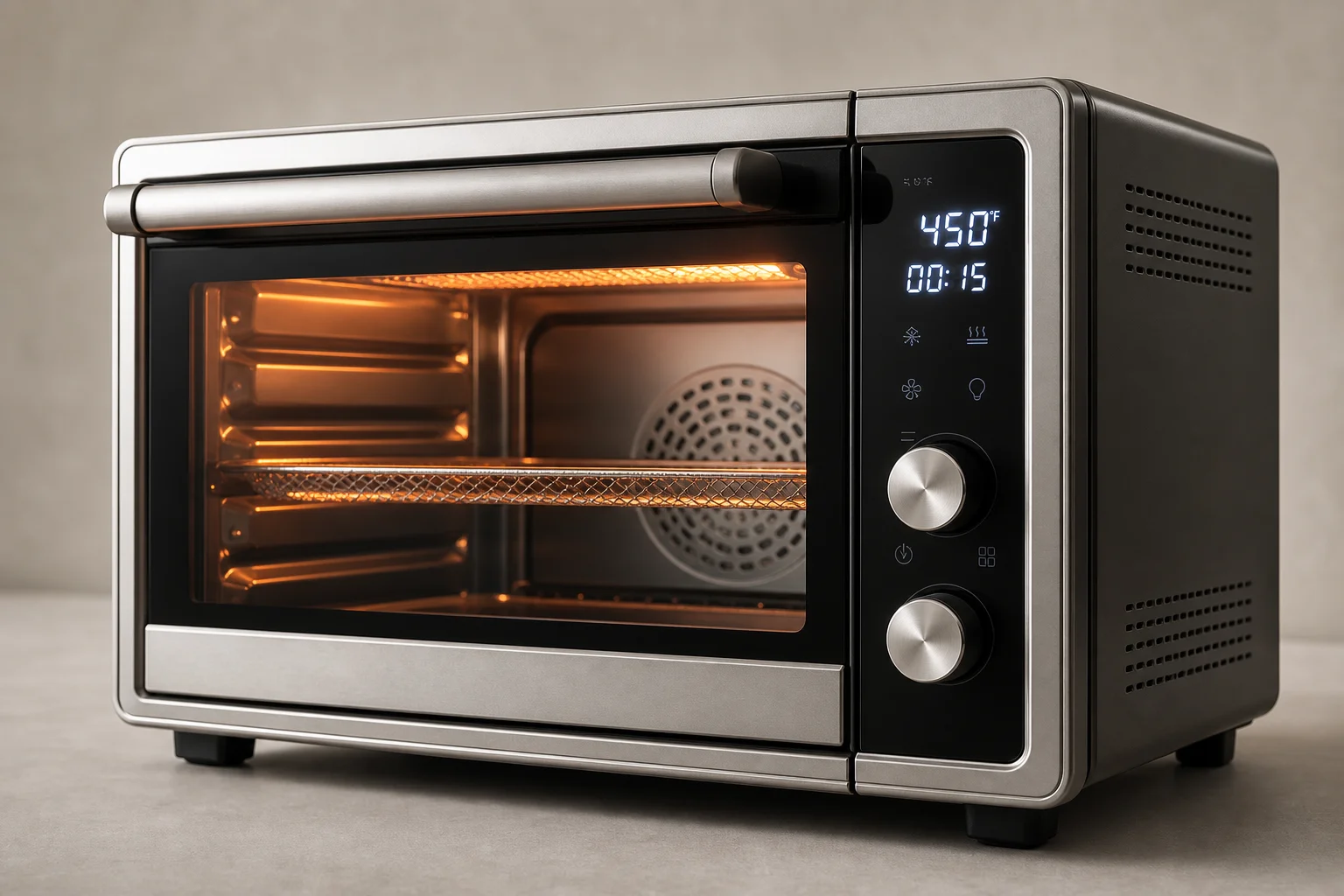 Premium smart toaster oven with illuminated display showing cooking interface