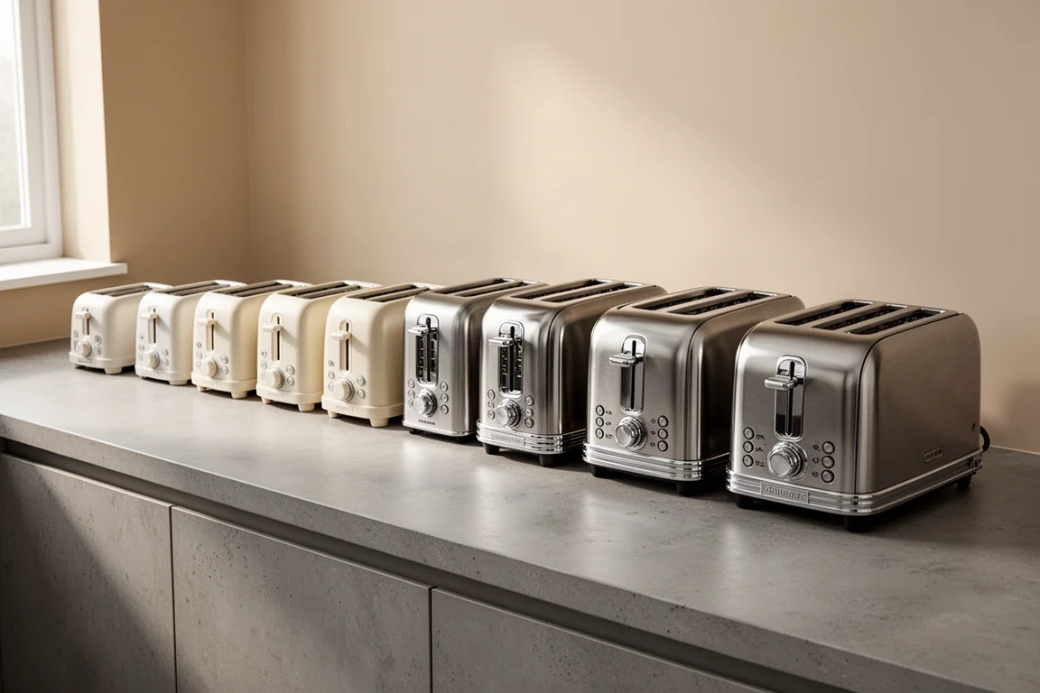 Fifteen toasters of different sizes and finishes lined up on a kitchen counter