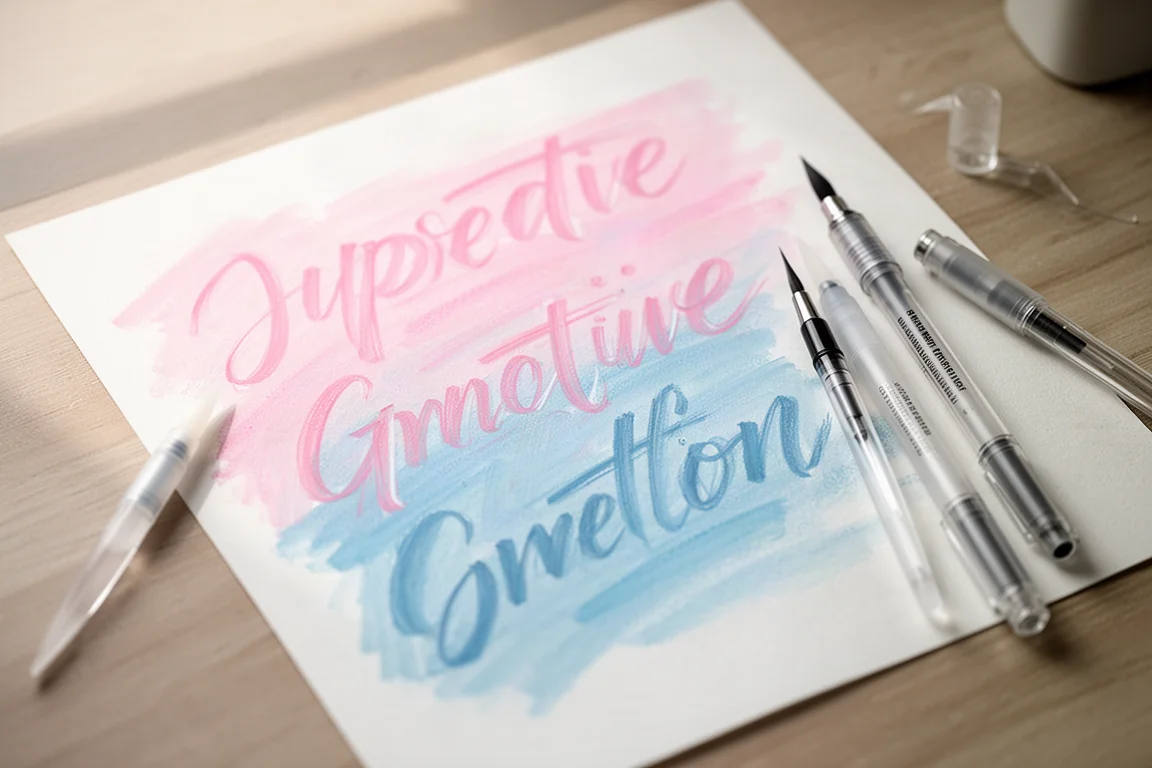 Hand lettering practice with dual brush pens and blended pastel strokes on paper