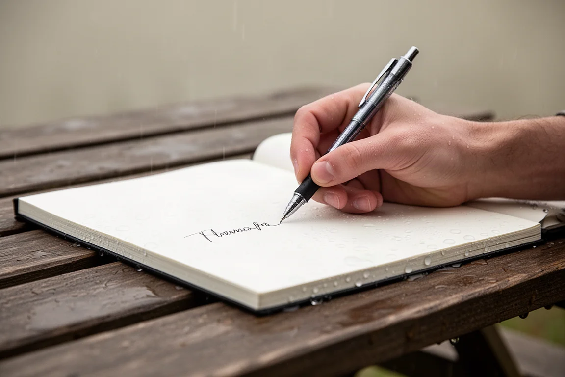 Ballpoint pen writing upside down on a damp notebook page outdoors