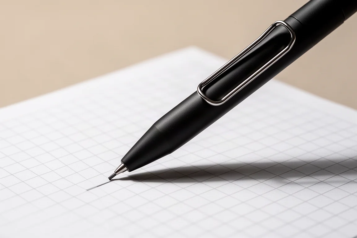 Mechanical pencil dispensing lead mid-writing on a grid notebook