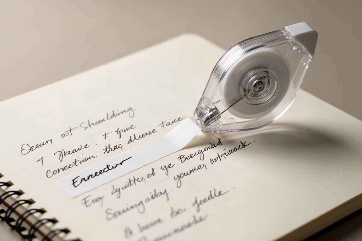 Correction tape dispensing a clean white line across a handwritten page