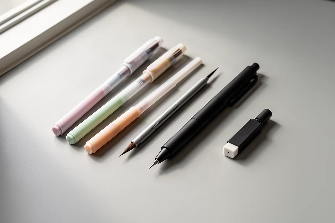Assorted Tombow stationery including brush pens, a mechanical pencil, and erasers on a grey desk