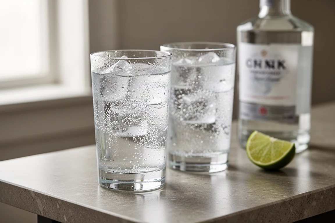 Chilled tonic water poured into glasses beside gin bottles on a bar counter