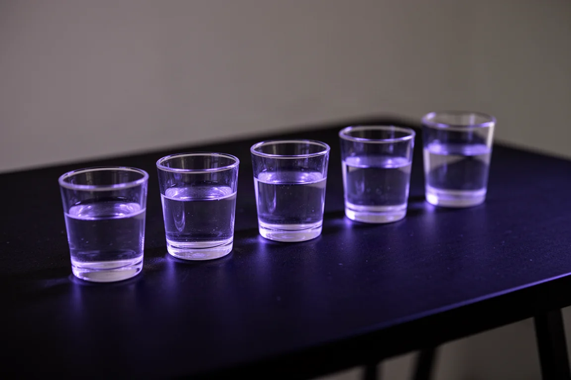 Tonic water samples glowing faintly under a black light in a dark test space