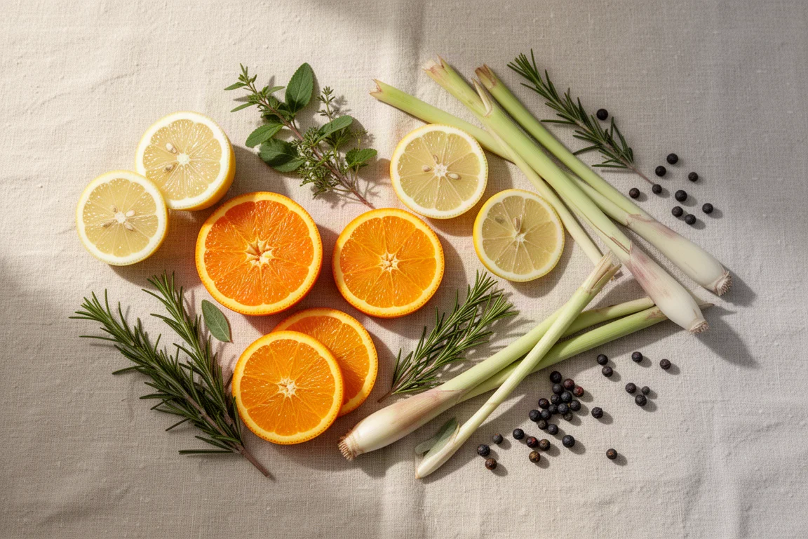 Fresh citrus, herbs, and juniper berries arranged on a neutral kitchen surface