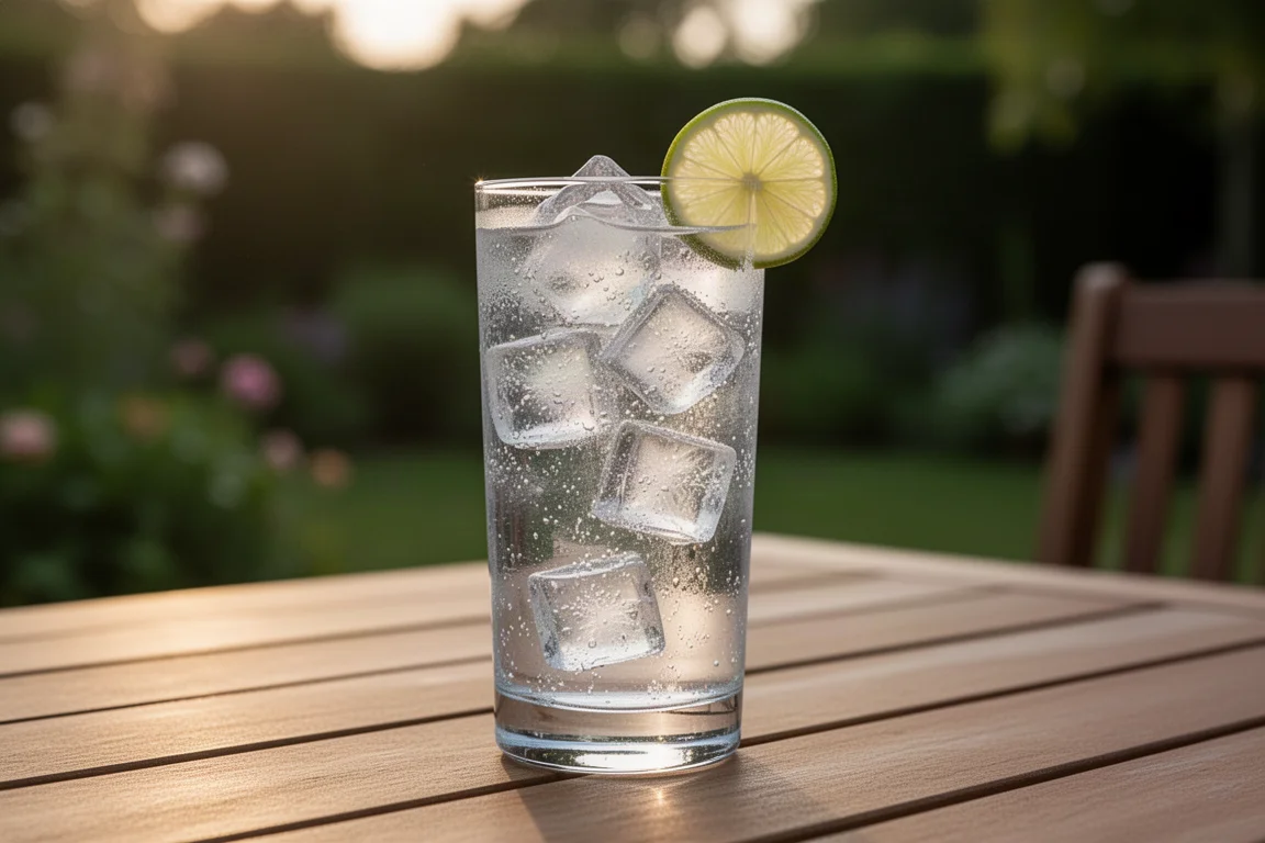 Gin and tonic with ice and lime on a table in warm evening light