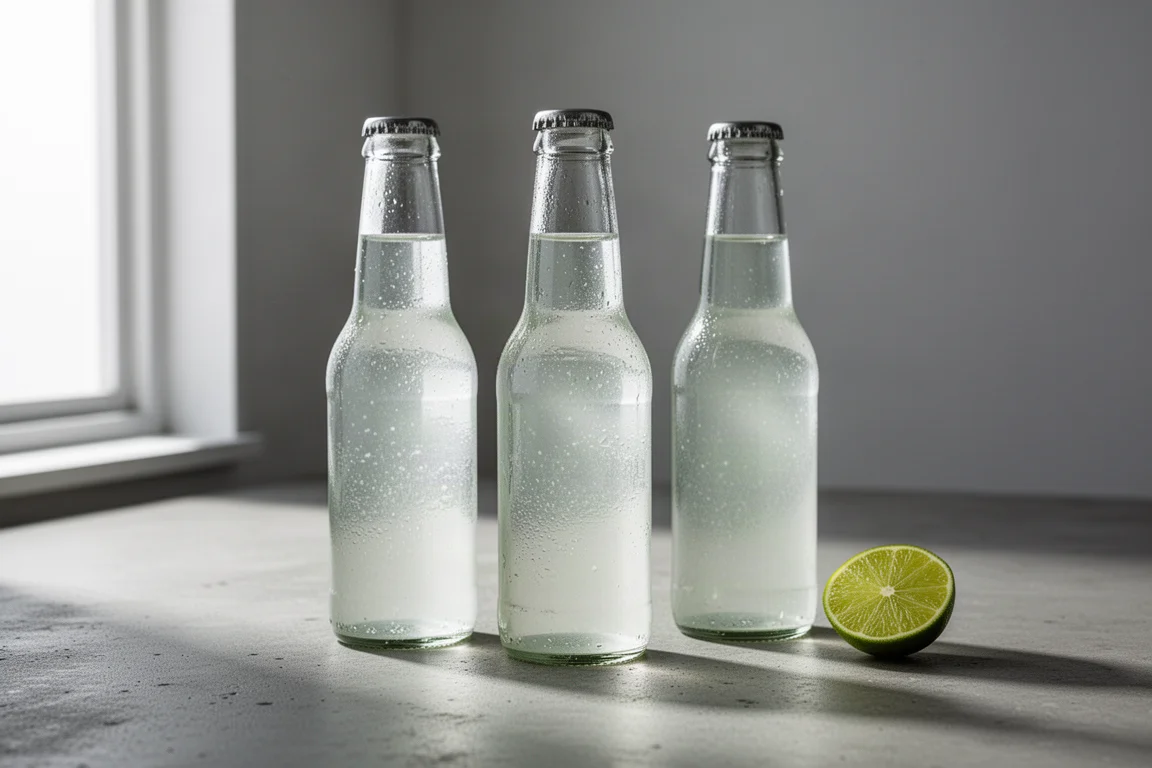 Three tonic water bottles lined up on a concrete surface