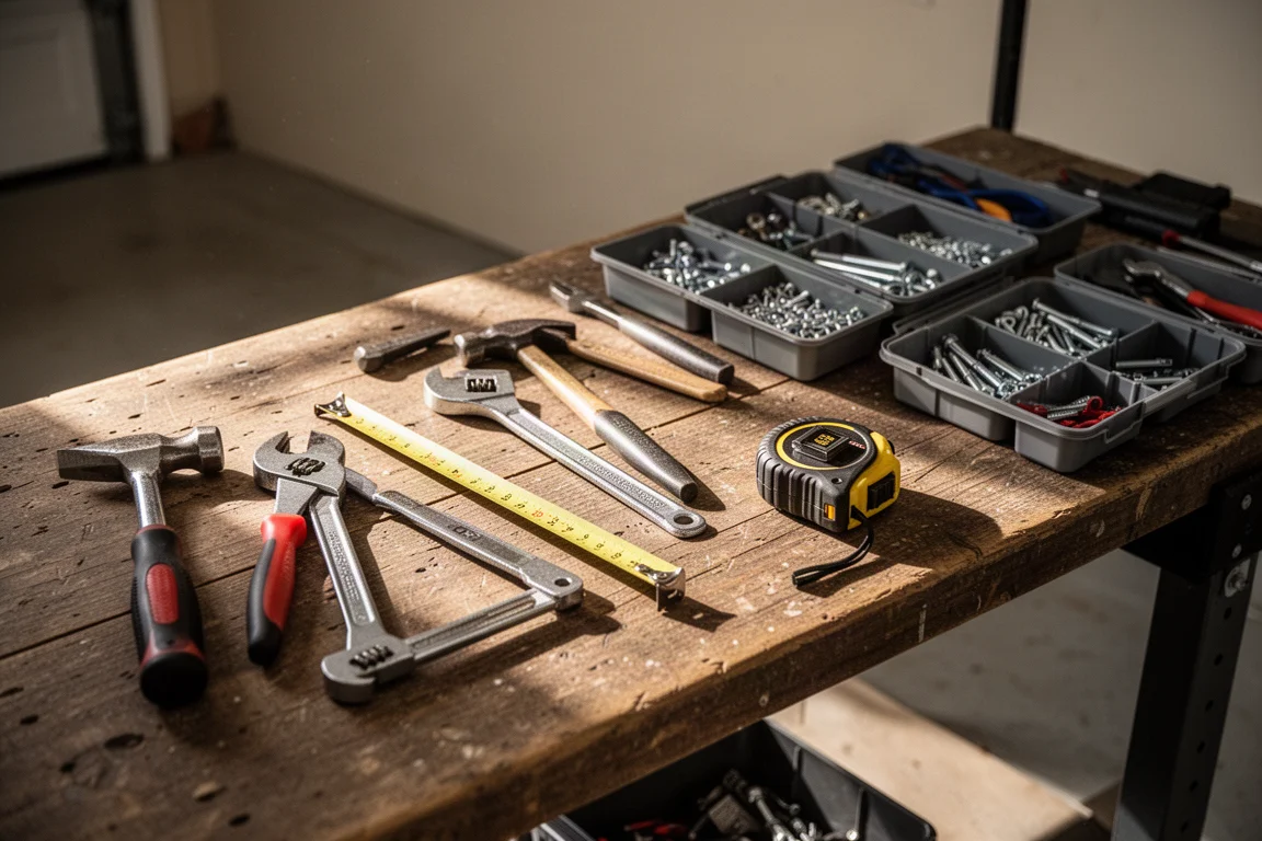 Garage workbench scene with assorted tools laid out under soft window light