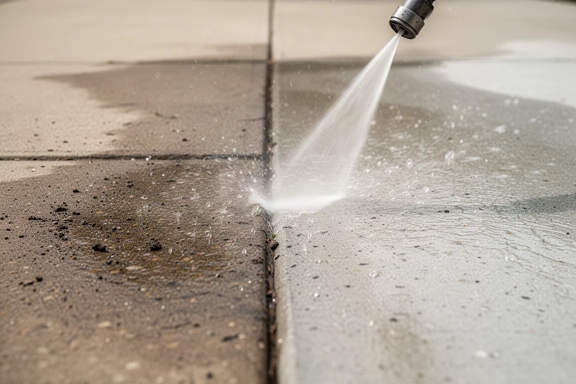 Driveway being cleaned with a high-pressure water jet in bright daylight