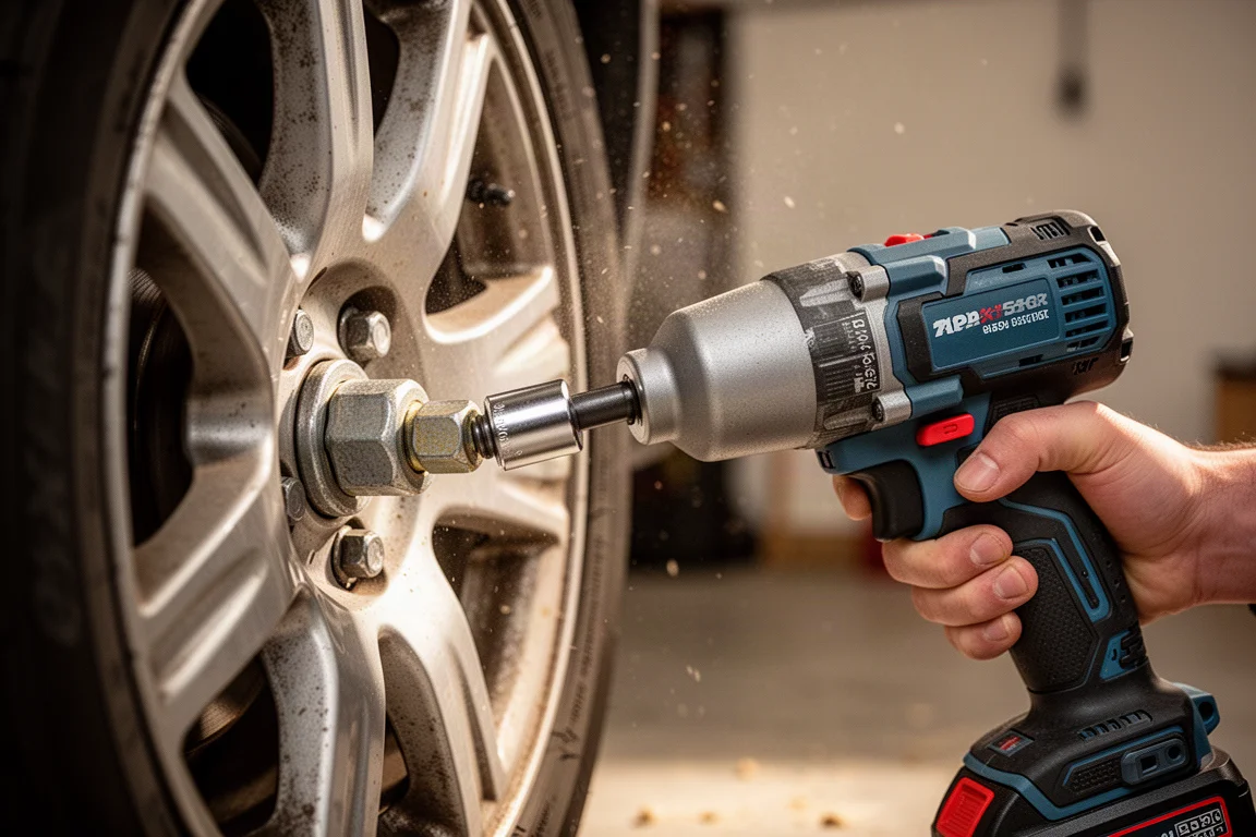 Impact wrench loosening a large bolt on a car wheel