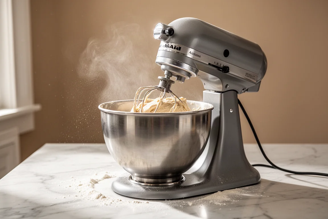 Stand mixer whipping dough in a bright kitchen with soft natural light