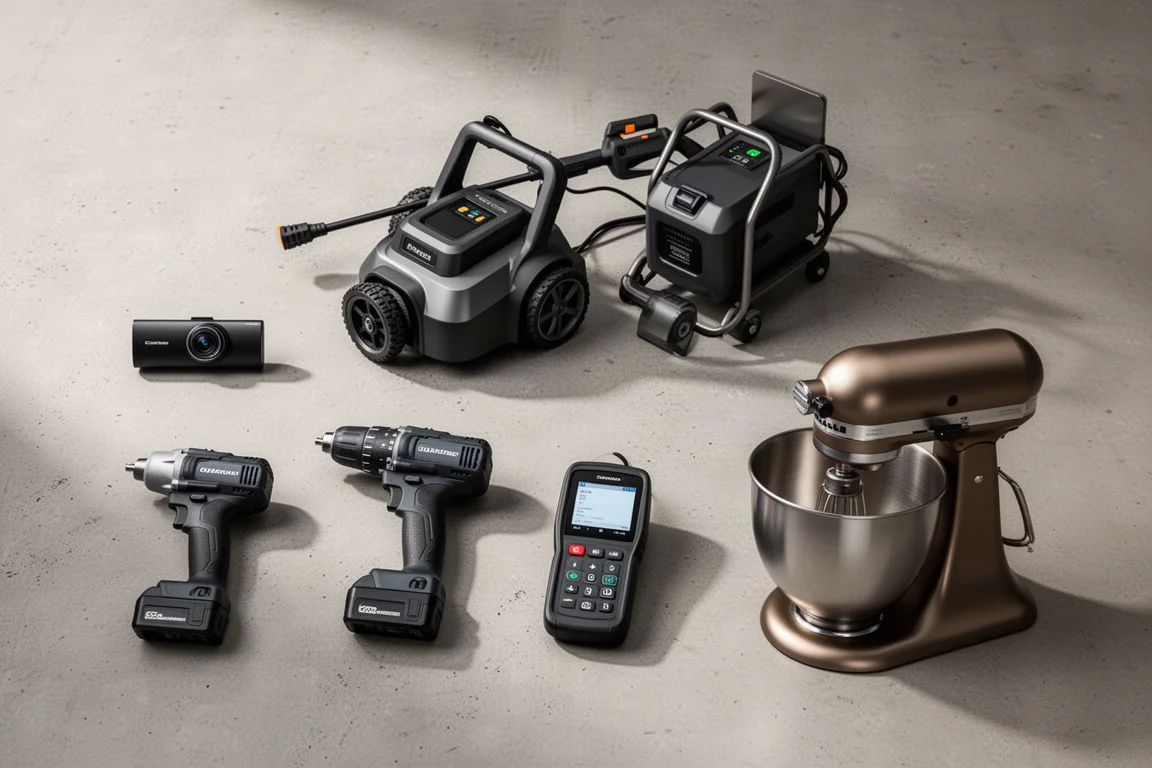 Flat-lay of six deals including a dash cam, pressure washer, drills, scanner, and stand mixer on concrete
