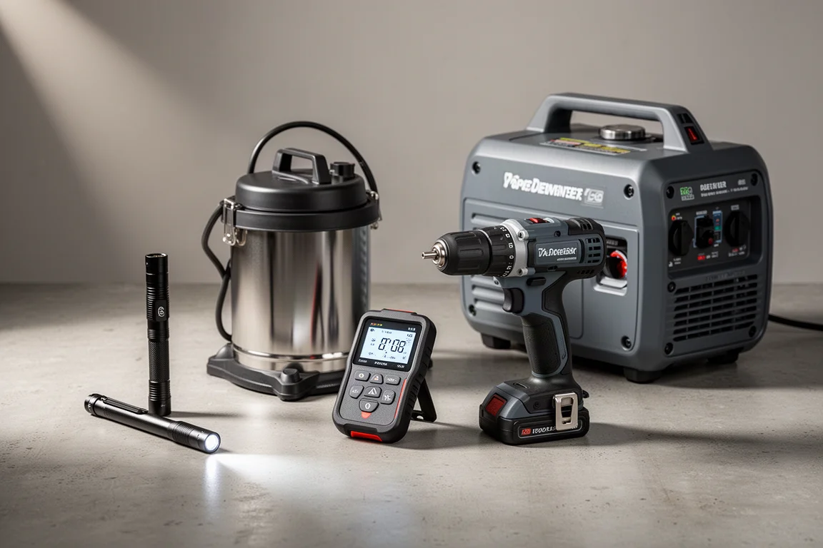 Flat EDC flashlight, wet dry vacuum, OBD2 scanner, drill, and generator arranged on concrete