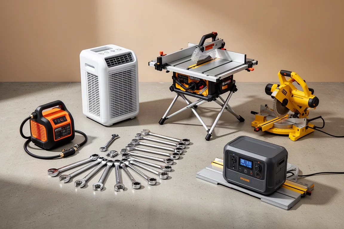 Flat-lay of six tools and gadgets including an inflator, air conditioner, table saw, wrenches, miter saw, and power station