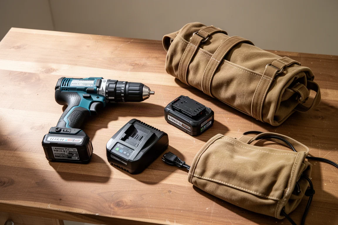 Kit de taladro atornillador a batería desplegado con baterías, cargador y bolsa de herramientas