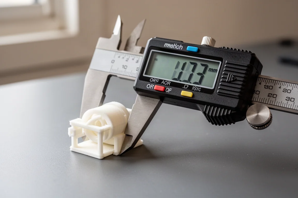 Calibre digital midiendo una pieza impresa en 3D sobre un banco de trabajo
