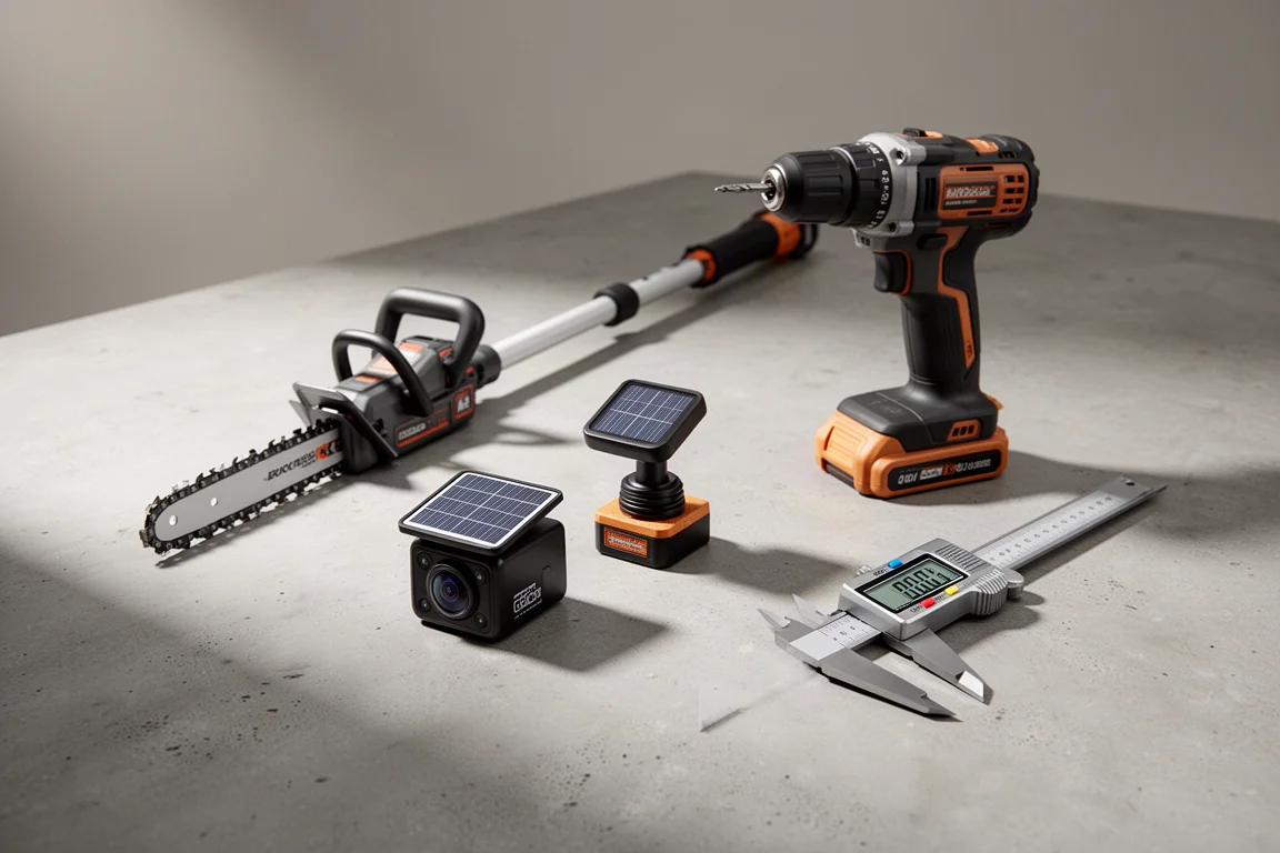 Assorted workshop tools including a pole saw, backup camera, drill, and caliper arranged on concrete
