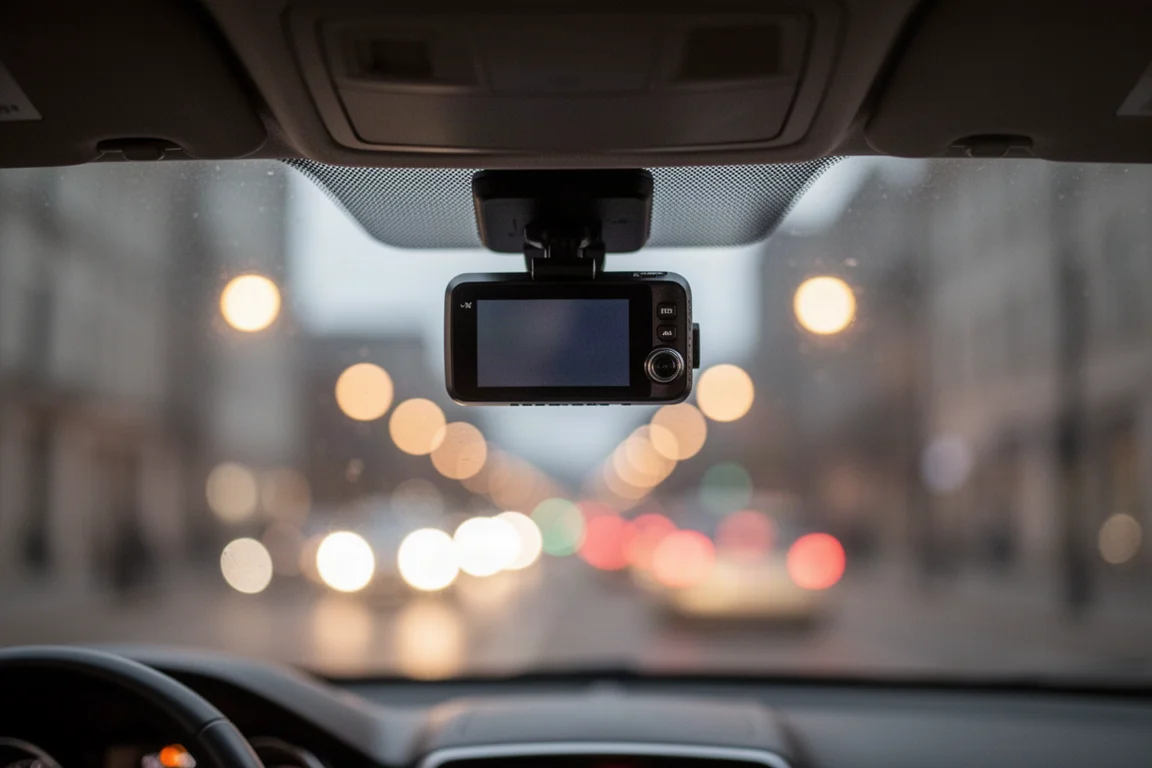 Dash cam montata sul parabrezza sopra il cruscotto al tramonto