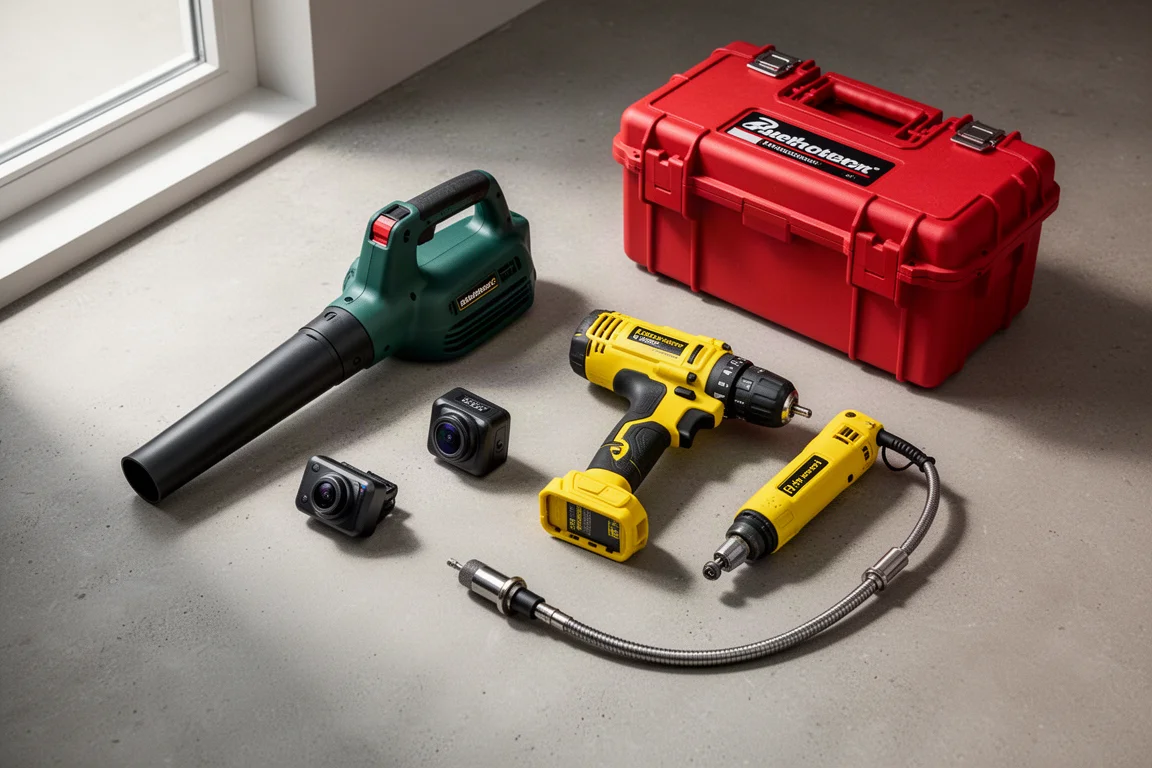 Flat-lay of workshop tools including a leaf blower, dash cam, drill, rotary tool, and tool case