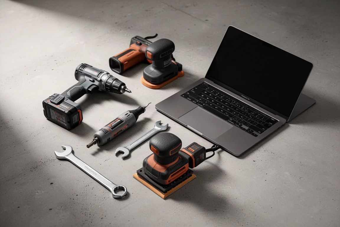 Flat-lay of garage and outdoor gear including a jump starter, fire extinguisher, work table, pliers, and chainsaw on concrete